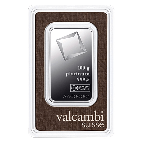 100 gram Platinum Bar - Valcambi Front