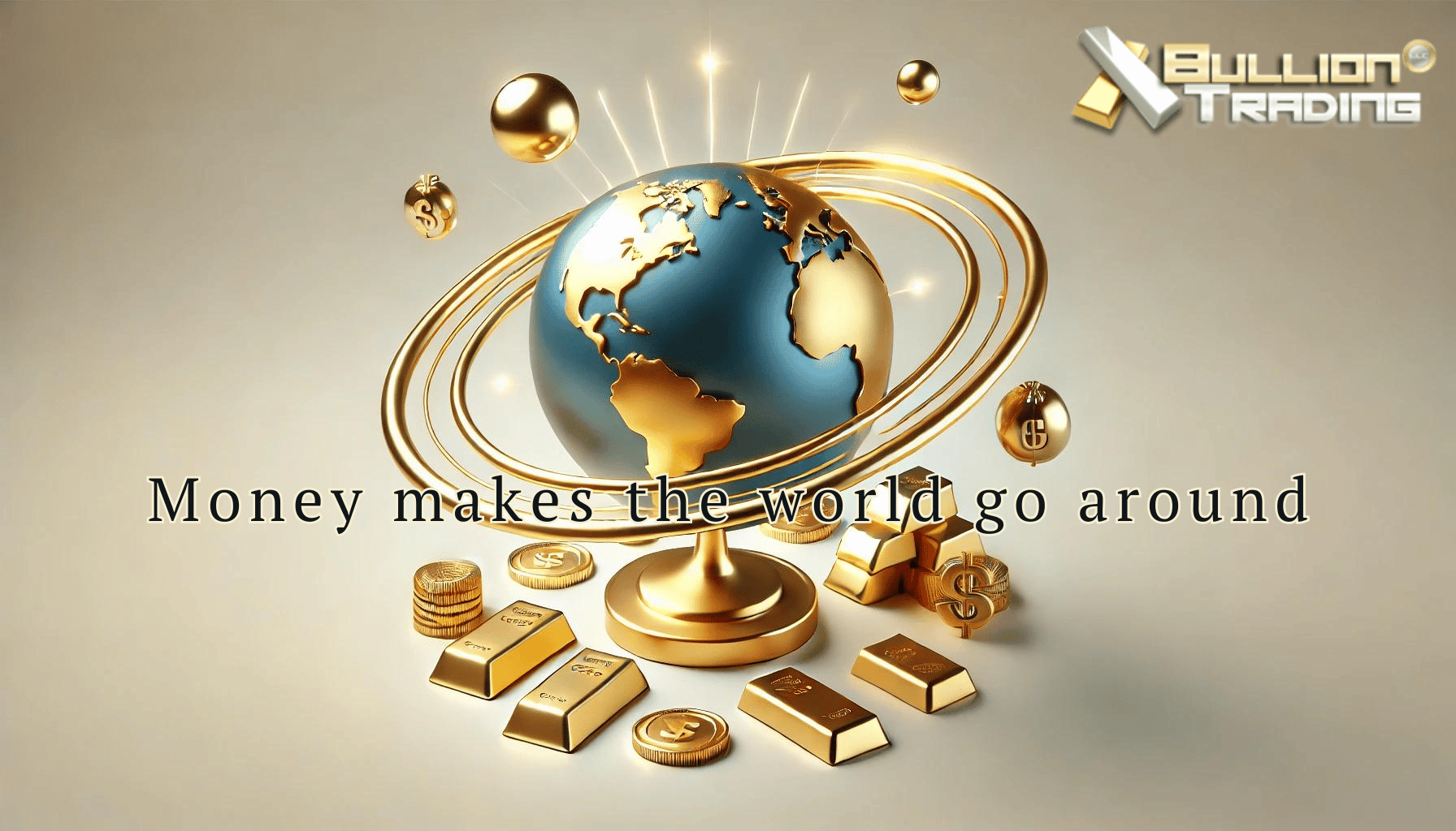 A simple illustration showing a globe with a golden ring orbiting it, surrounded by gold bars and bullion coins. The image represents the quotation 'Money makes the world go around.'