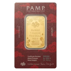 1 oz PAMP Suisse Good Luck Yellow Dragon Gold Minted Bar  (in Assay)