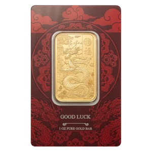 1 oz PAMP Suisse Good Luck Yellow Dragon Gold Minted Bar  (in Assay)