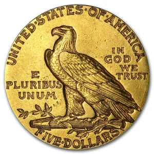 0.2419 oz United States $5 Indian Head Gold Half Eagle Random Year - .900 Fine Gold - US Mint AU (Almost Uncirculated) Reverse.