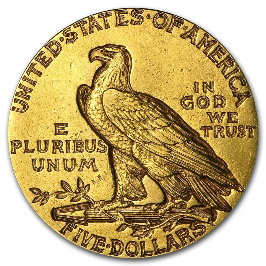 0.2419 oz United States $5 Indian Head Gold Half Eagle Random Year - .900 Fine Gold - US Mint AU (Almost Uncirculated) Reverse.