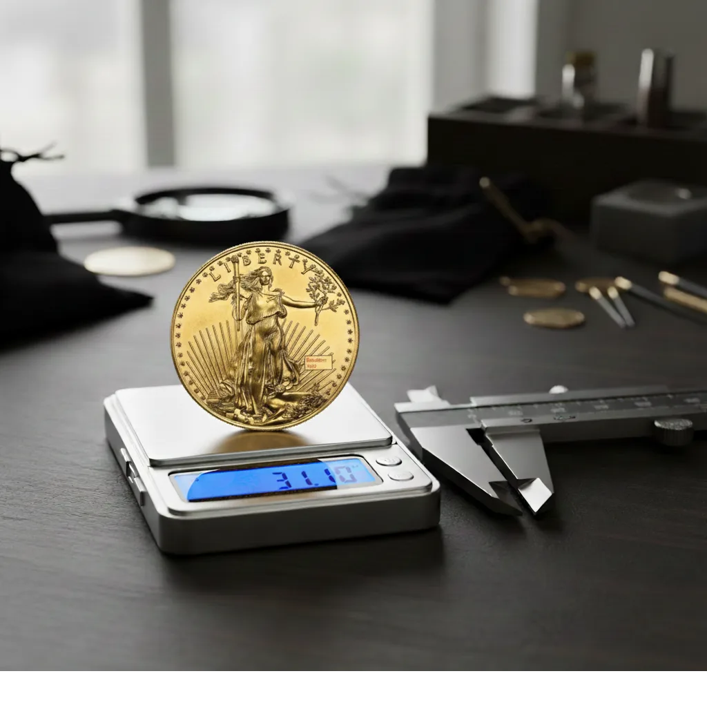Gold coin placed on a precision digital scale with calipers measuring its diameter for authentication.