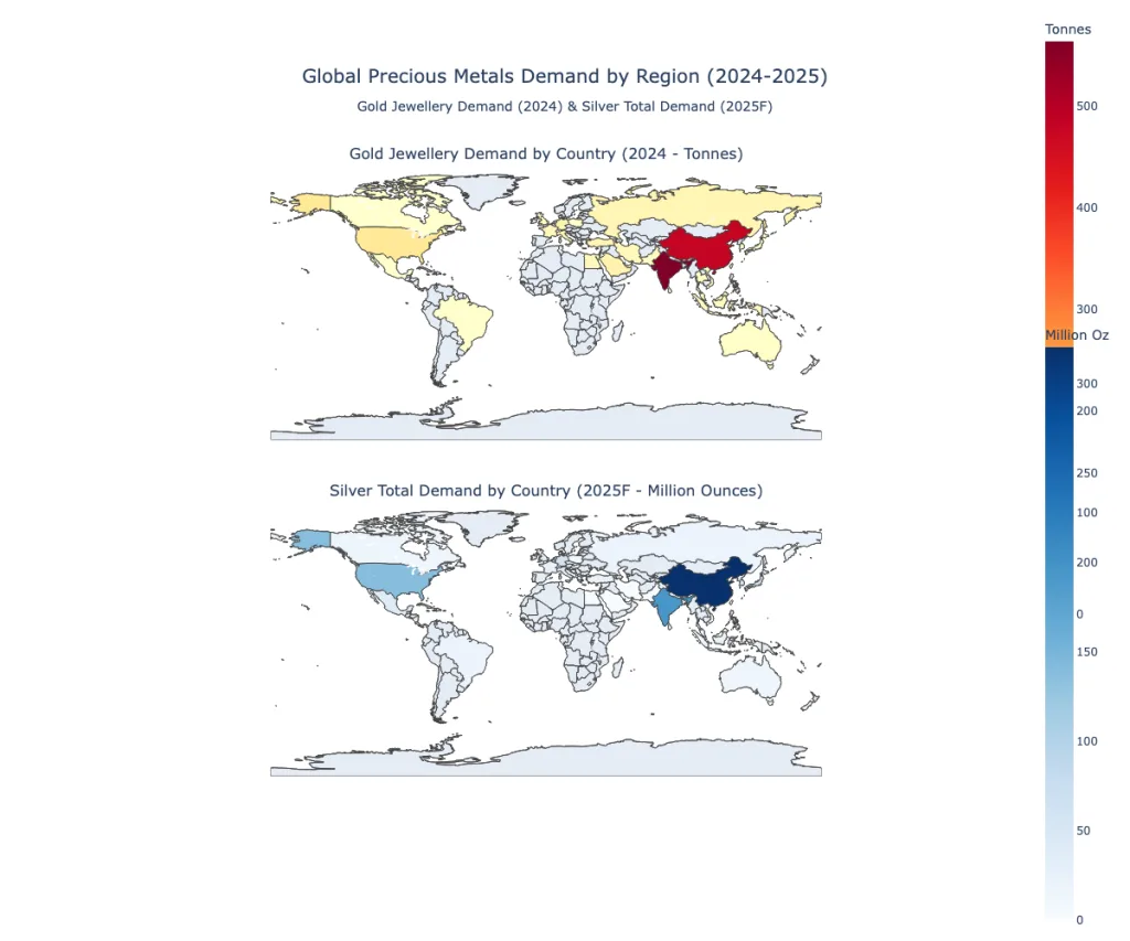 World map showing global gold and silver demand by region in 2025