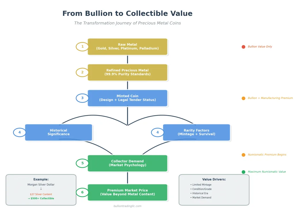 Flowchart showing how precious metal coins evolve from raw bullion to collectible value, illustrating stages from raw metal and minting through rarity, historical significance, and collector demand that create numismatic premiums.