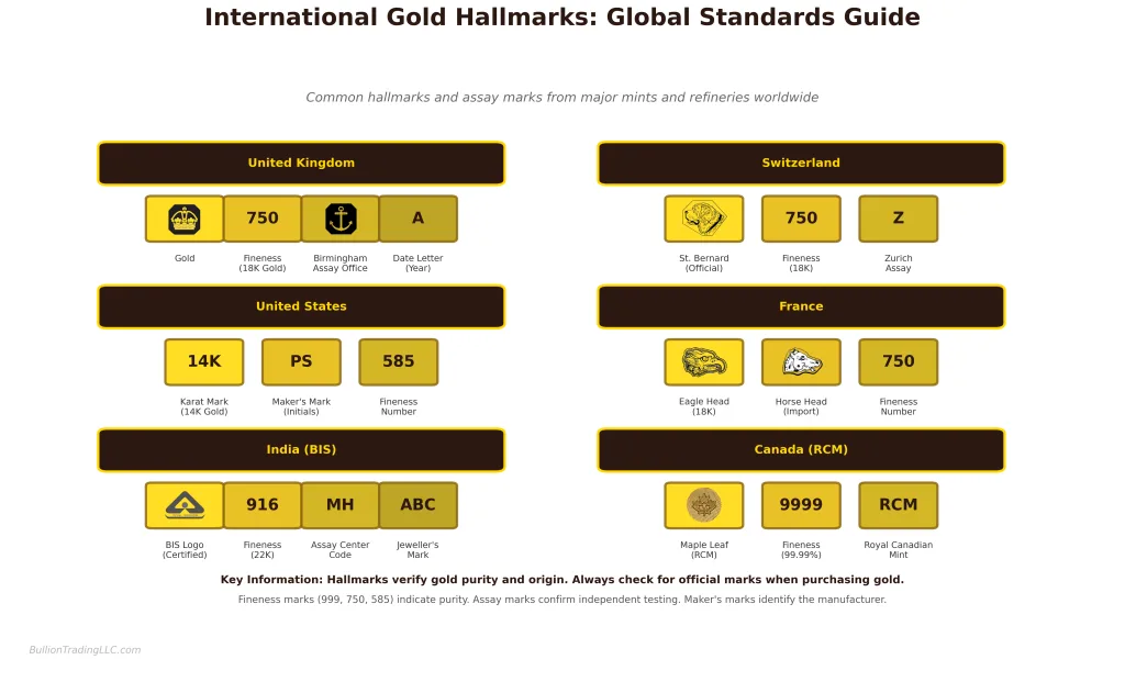 ollection of official gold hallmarks showing maker's marks, fineness stamps, and assay office symbols from world