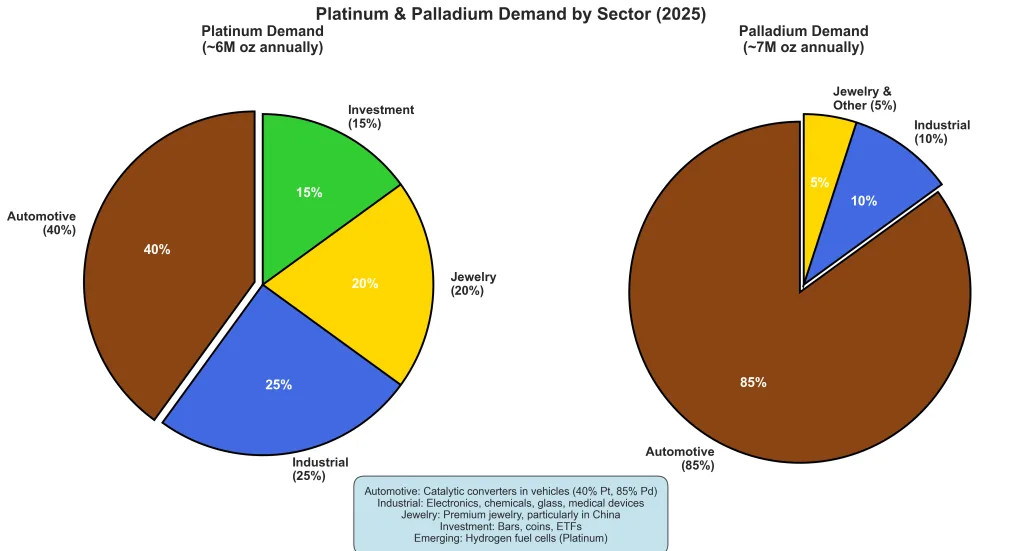 Side-by-side pie charts displaying platinum demand (40% automotive, 25% industrial, 20% jewelry, 15% investment) and palladium demand (85% automotive, 10% industrial, 5% other sectors)