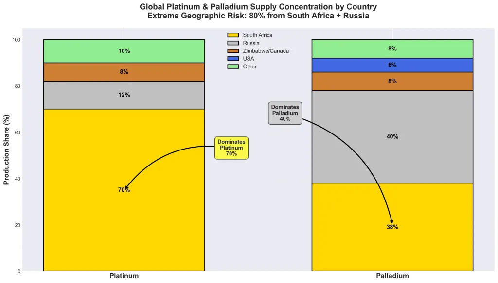 Stacked bar chart displaying platinum production (South Africa 70%, Russia 12%, Zimbabwe 8%, other 10%) and palladium production (Russia 40%, South Africa 38%, Canada 8%, USA 6%, other 8%)
