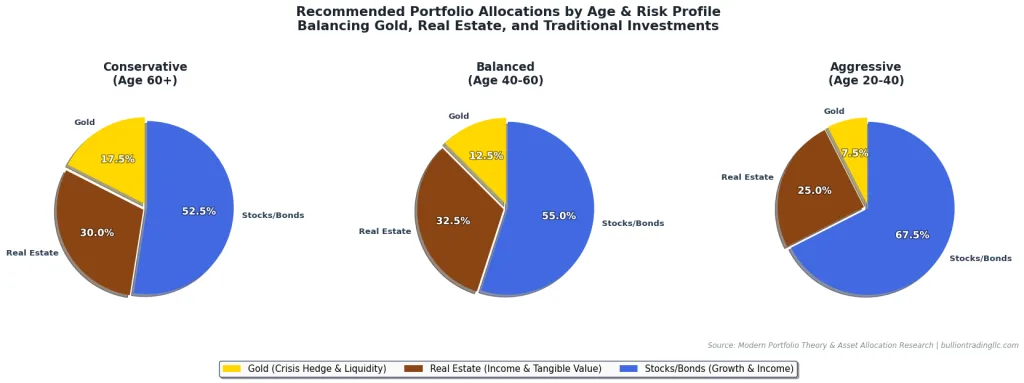 Three pie charts showing recommended allocation percentages across gold, real estate, stocks, and bonds for different risk profiles