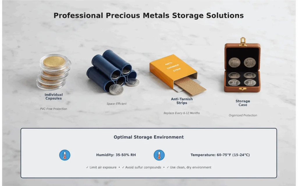 Various precious metals storage solutions including clear protective capsules, coin tubes, anti-tarnish strips and storage cases displayed together