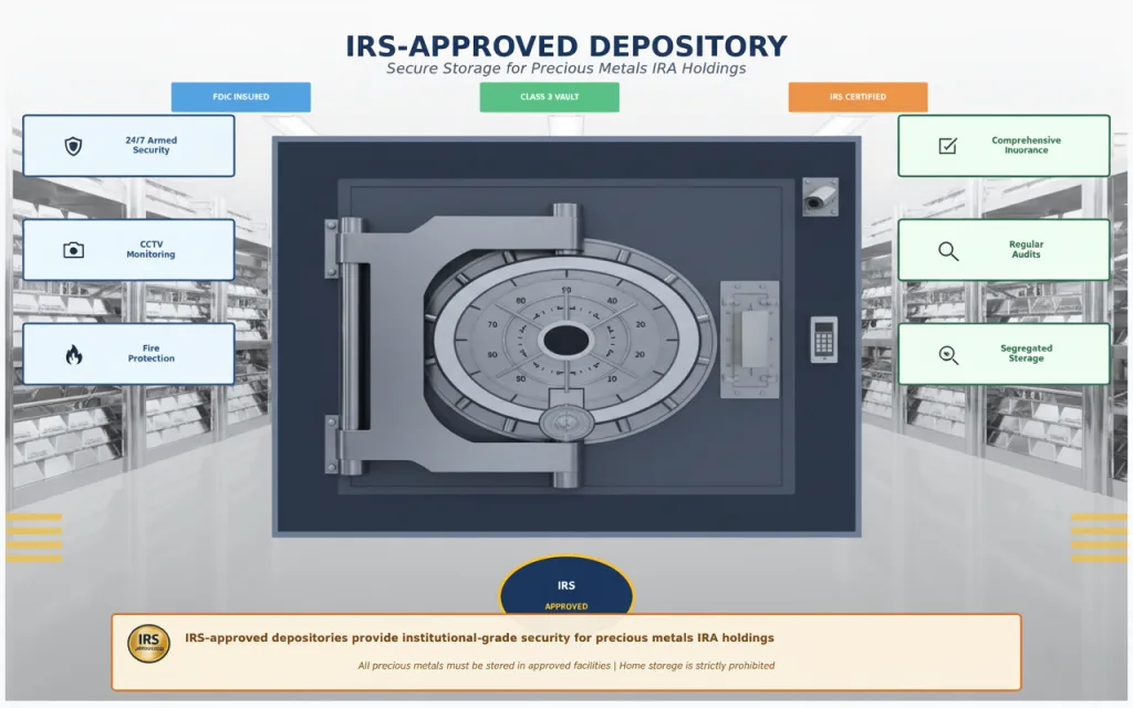 Secure vault facility showing IRA-approved depository storage for precious metals