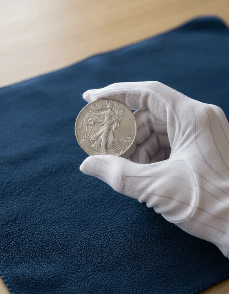 Hands wearing white cotton gloves properly holding a silver bullion coin by its edges over a soft protective cloth