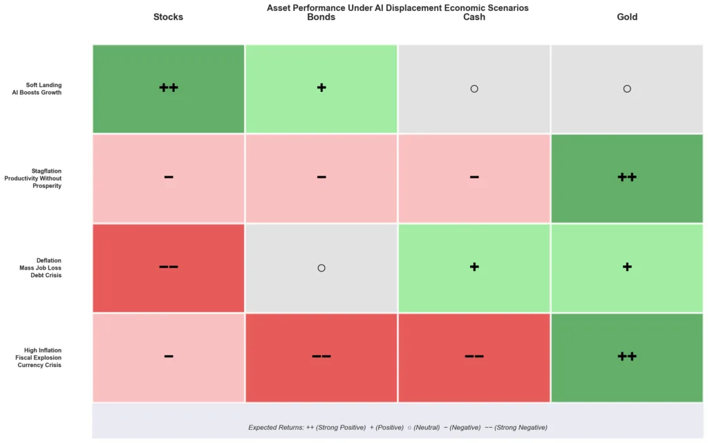 Economic scenarios matrix comparing asset class performance under four AI displacement outcomes, showing gold as the only asset with positive expected returns across all scenarios (soft landing, stagflation, deflation, high inflation) while stocks and bonds show significant negative outcomes in multiple scenarios