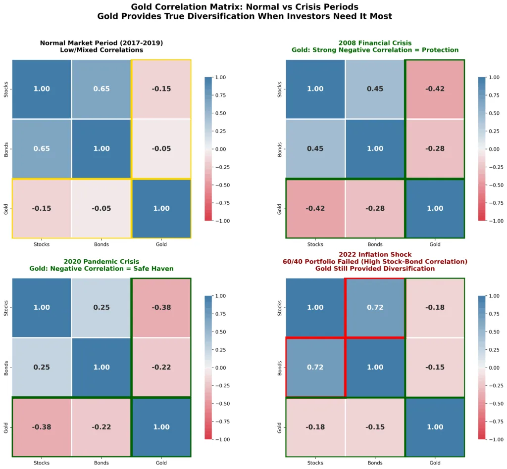 Correlation matrix heat map showing gold's relationship with stocks and bonds during normal periods versus crisis periods with 2008 financial crisis and 2020 pandemic data demonstrating gold's negative correlation during market stress providing true portfolio diversification