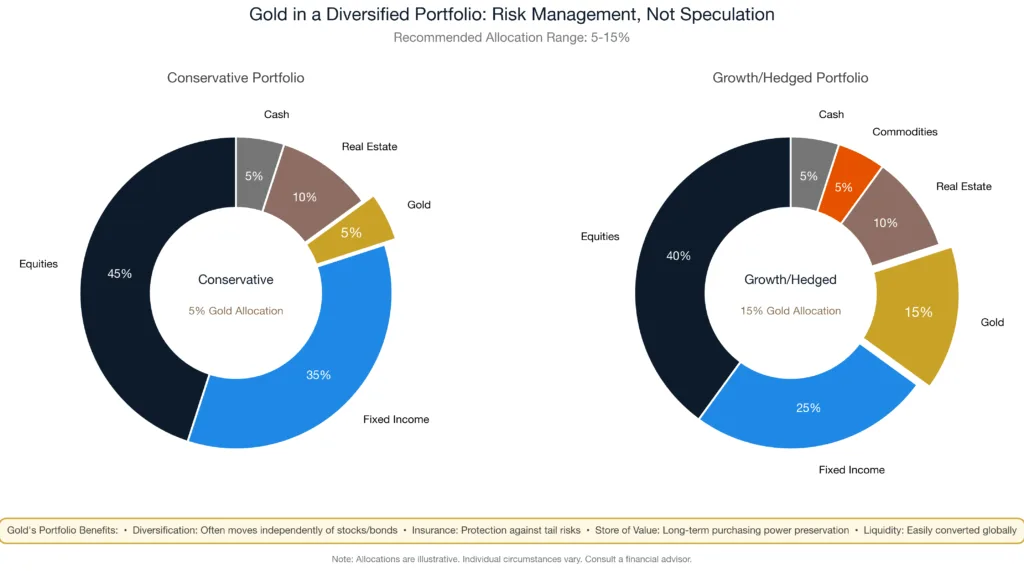 Two pie charts showing conservative portfolio with 5 percent gold allocation and growth portfolio with 15 percent gold allocation alongside equities, bonds, real estate, and other assets