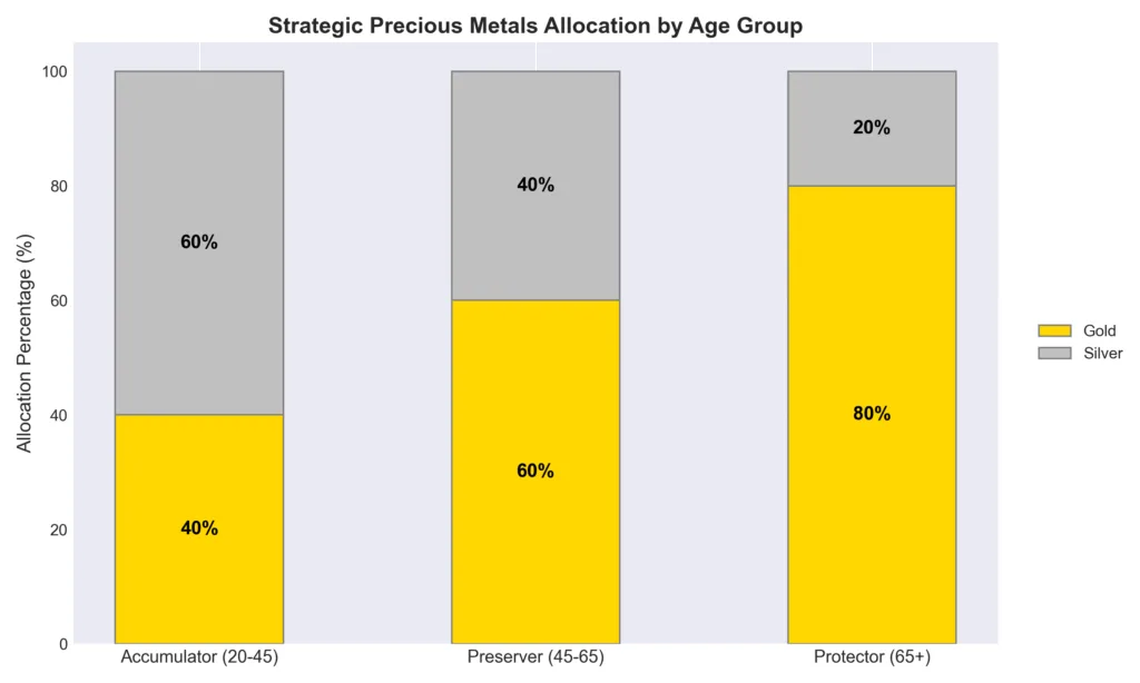 Chart showing gold and silver portfolio allocation strategy by age group.