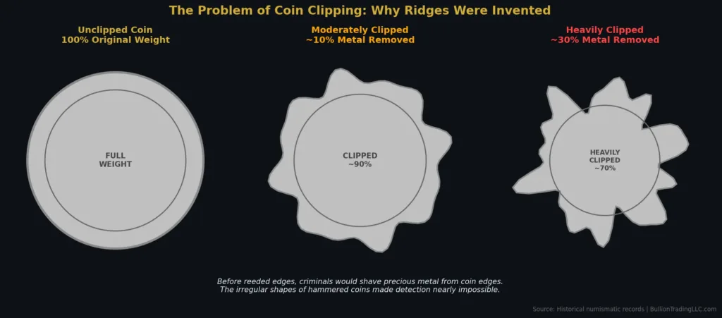 A comparison showing an unclipped silver coin (left) and a heavily clipped coin (right) from the Hoxne Hoard, demonstrating how much precious metal could be removed through clipping.