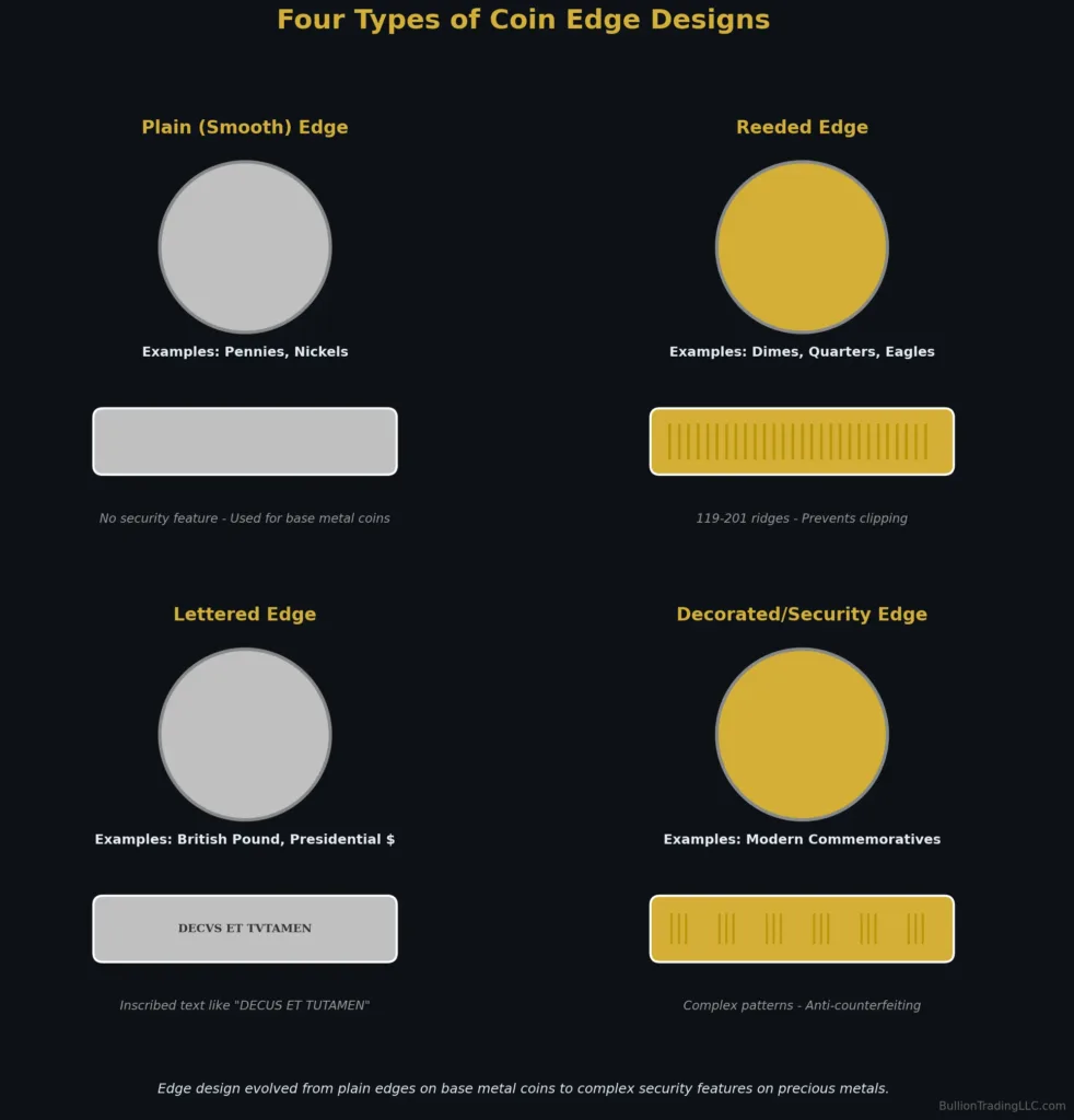 Educational diagram showing four types of coin edges with visual examples - plain smooth edge for base metal coins, reeded edge with vertical ridges, lettered edge showing DECVS ET TVTAMEN inscription, and decorated security edge with alternating patterns