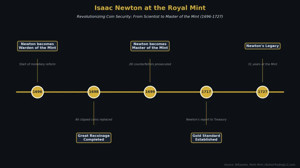 Timeline infographic showing Isaac Newton's career at the Royal Mint from 1696 to 1727 with key achievements including the Great Recoinage and prosecution of 28 counterfeiters