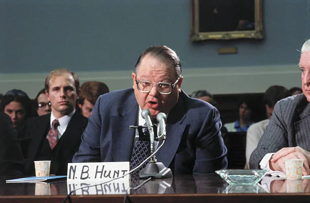 Nelson Bunker Hunt at a congressional hearing in 1980 regarding the Hunt Brothers silver market manipulation investigation.