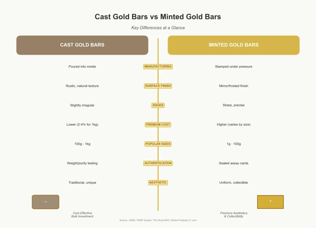Infographic comparing cast gold bars versus minted gold bars highlighting manufacturing process and premium differences