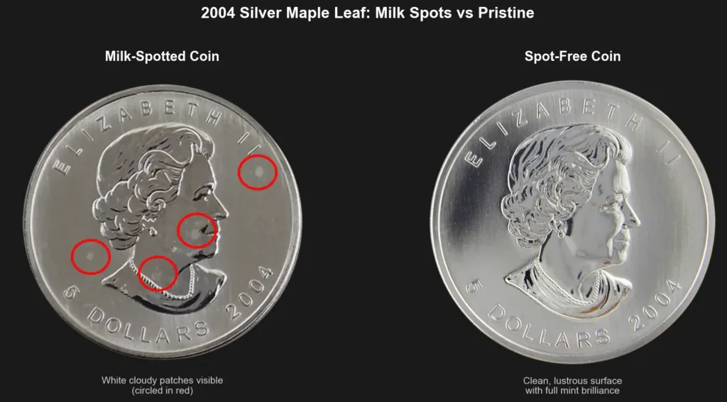 Comparison image showing a 2004 Silver Maple Leaf with milk spots circled in red on the left and a pristine spot-free Silver Maple Leaf on the right