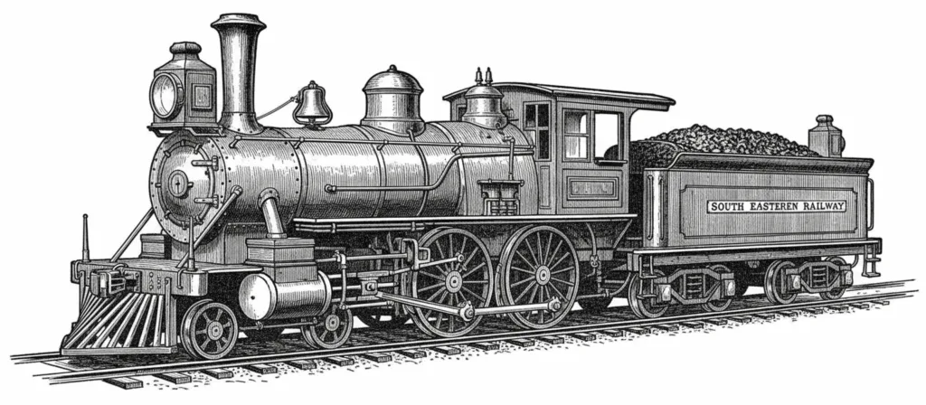 A vintage illustration of a 19th-century steam train or the South Eastern Railway