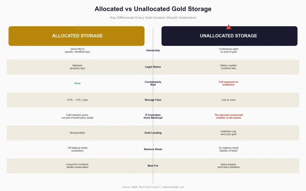 Infographic comparing allocated vs unallocated gold storage showing key differences in ownership, counterparty risk, storage fees, and insolvency treatment