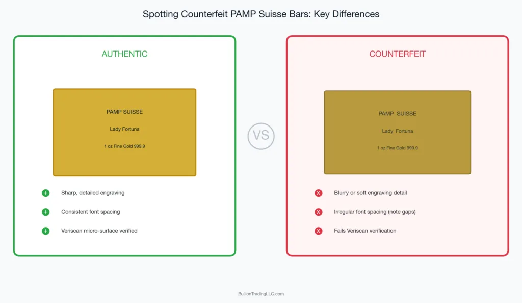 Side-by-side comparison of an authentic PAMP Suisse gold bar and a counterfeit showing differences in packaging and finish quality