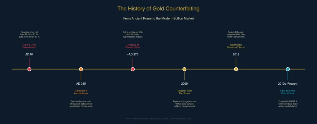 Timeline infographic showing the history of counterfeit gold bars from ancient Rome through the 2009 tungsten gold bar scare to modern fake bars on eBay