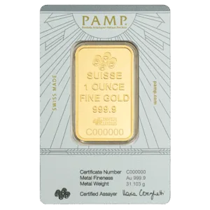 1 oz PAMP Suisse Lady of Justice Gold Bar in Assay