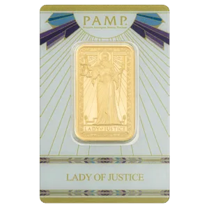 1 oz PAMP Suisse Lady of Justice Gold Bar in Assay