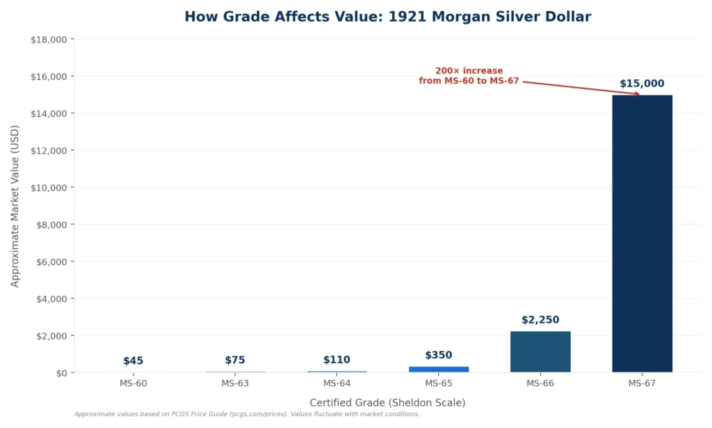 Bar chart showing how certified coin value increases dramatically with each grade level on the Sheldon Scale