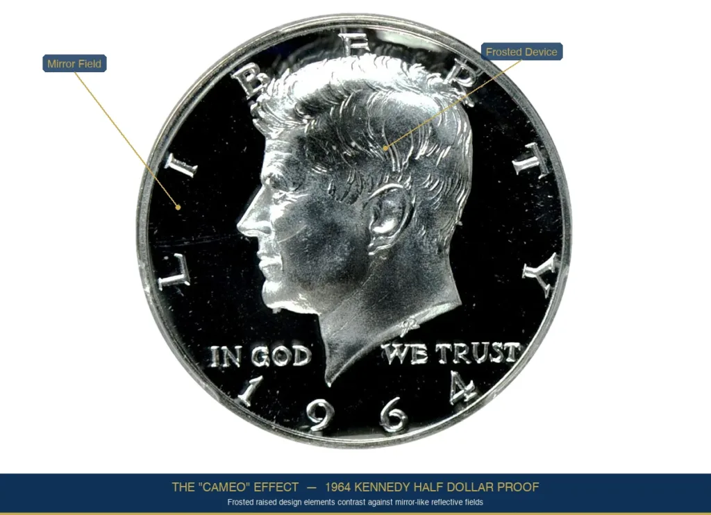 Close-up detail of a proof coin showing the frosted raised design against a mirror-like reflective field known as the cameo effect