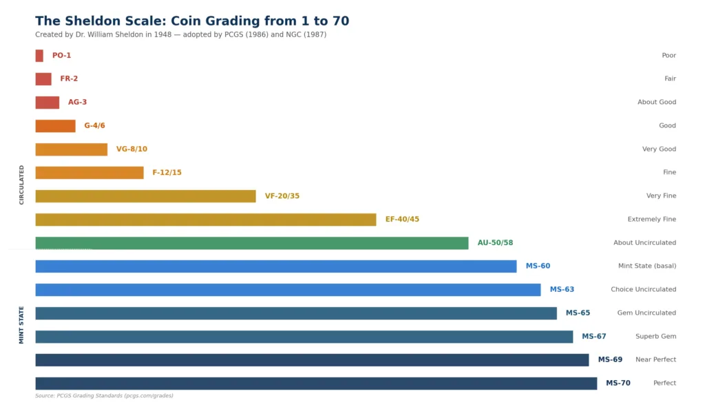 Sheldon Scale coin grading chart showing grades from Poor-1 to Mint State 70 with descriptions of each major grade level