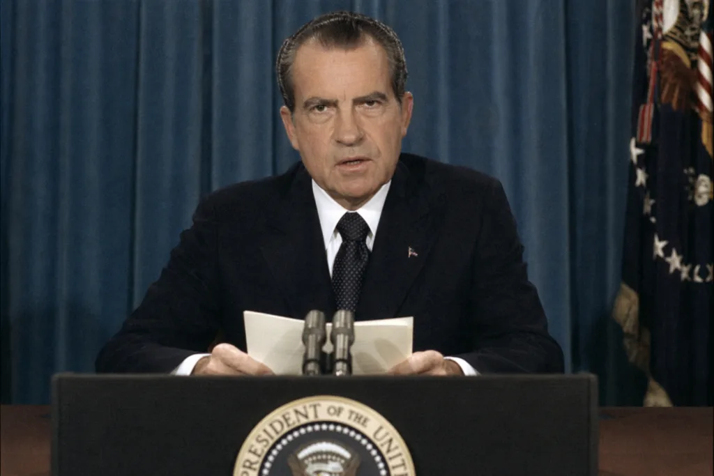 President Richard Nixon delivering his New Economic Policy address on August 15, 1971, announcing the Nixon Shock and the end of the Bretton Woods gold standard.