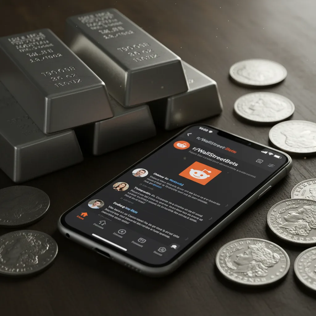 Silver bullion bars and coins next to a smartphone showing the Reddit WallStreetBets forum during the 2021 silver squeeze