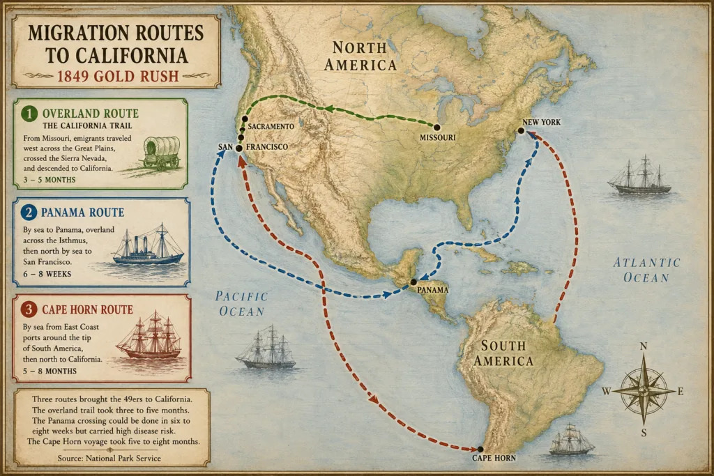 Map of the Western Hemisphere showing the three main migration routes taken by 49ers during the California Gold Rush: the overland California Trail, the Panama crossing, and the Cape Horn sea route