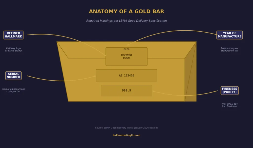 Annotated diagram of a gold bar showing the location of each required marking including serial number refiner hallmark fineness and year of manufacture