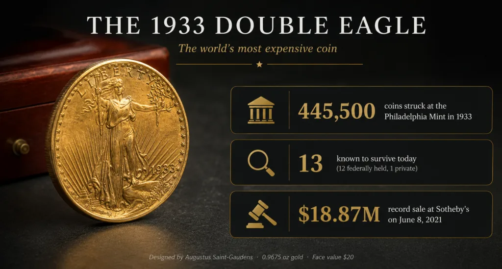 Infographic header showing the 1933 Double Eagle: 445,500 coins struck at the Philadelphia Mint, 13 known survivors, and the record $18.87M Sotheby's sale