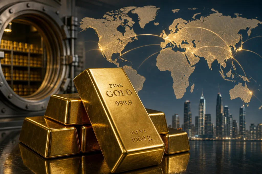 Sovereign wealth funds and gold bars representing global institutional gold investment