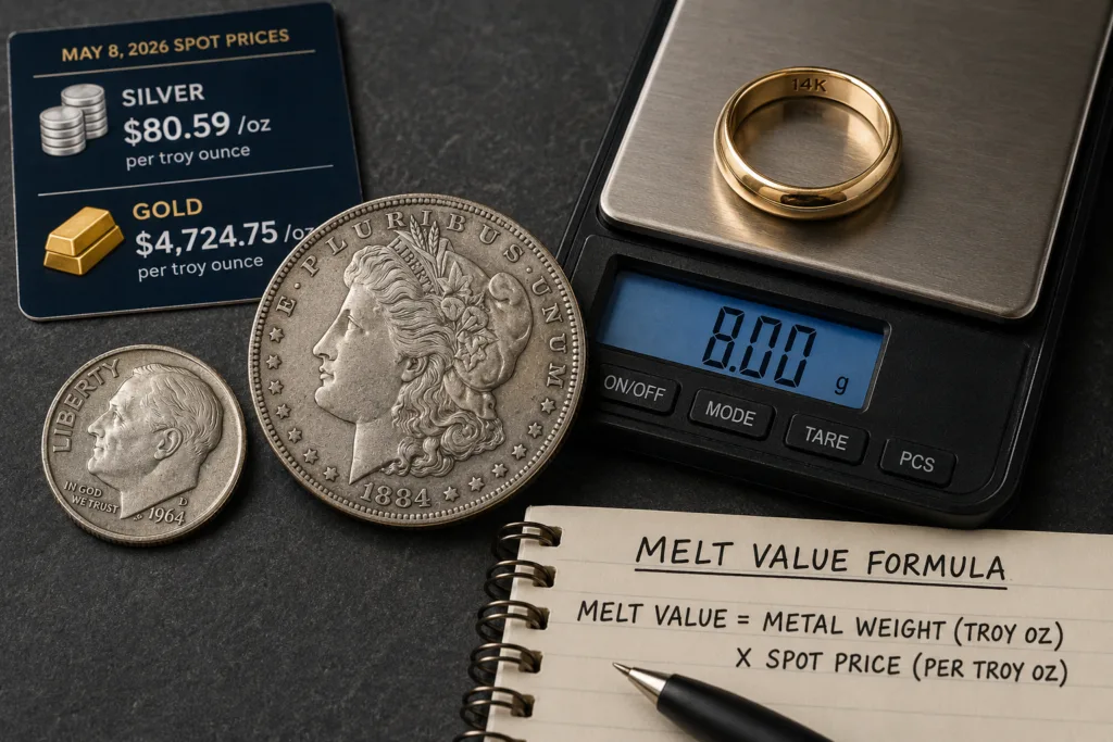 Silver coins including a Morgan dollar and Roosevelt dime next to a 14k gold ring and a precision scale for calculating melt value