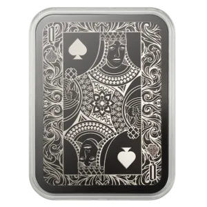 Black queen of spades playing card design in a round capsule