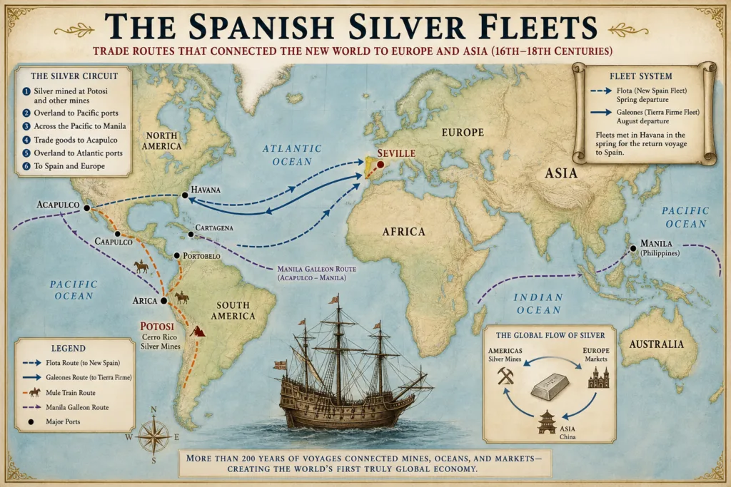 Spanish Silver Fleet trade routes map Atlantic Pacific 16th century