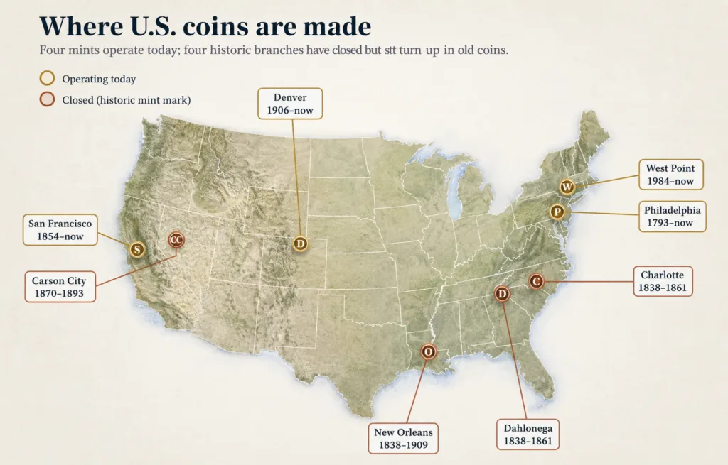 Map of US Mint branch mints showing their mint marks and operating years across the country