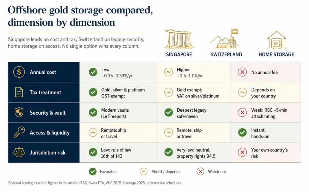 Comparison matrix scoring Singapore, Switzerland, and home storage across cost, tax, security, access, and jurisdiction risk