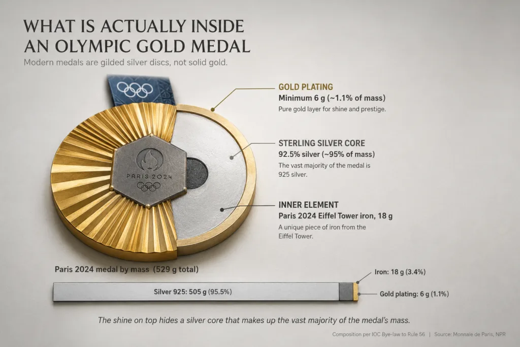 Olympic gold medal showing actual gold plating composition, with a sterling silver core and a thin gold layer on top