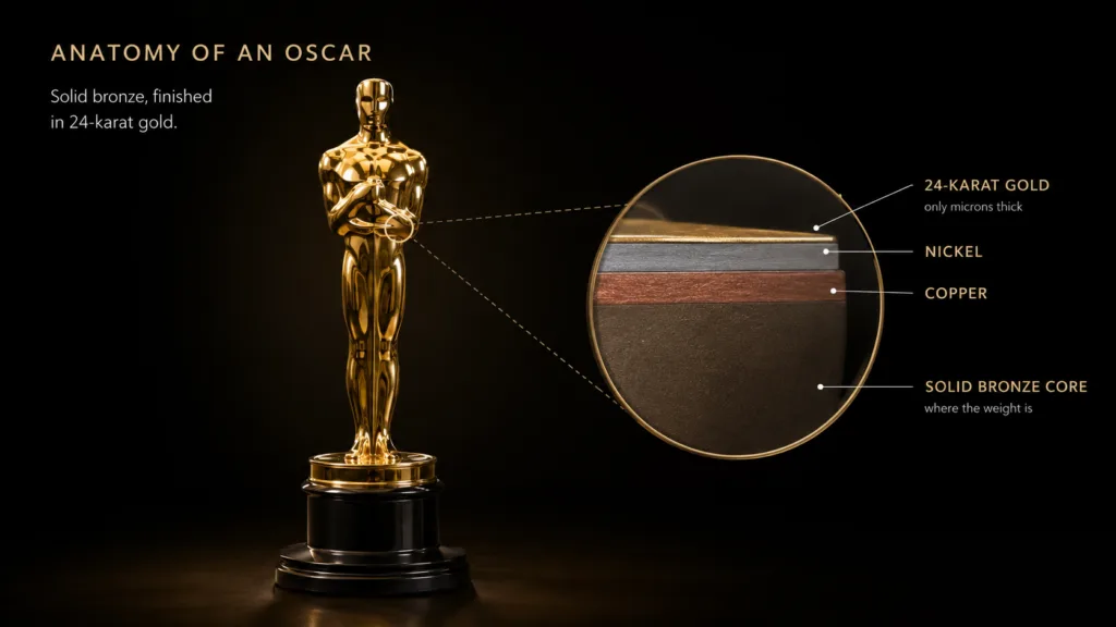 Gold-plated Oscar statue showing its reflective 24-karat surface