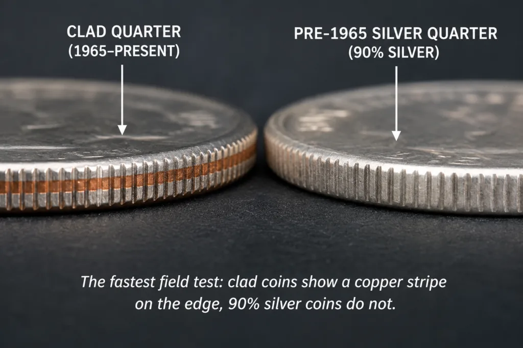Edge of a clad quarter showing the copper stripe next to the solid silver edge of a pre-1965 quarter