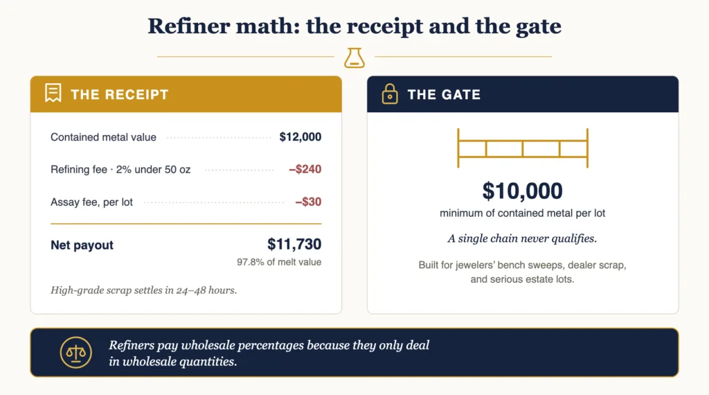 Infographic of refiner economics on a 12000 dollar karat scrap lot: a receipt showing a 2 percent refining fee and 30 dollar assay leaving a net payout of 11730 dollars, 97.8 percent of melt, next to the 10000 dollar minimum lot gate that a single chain never clears